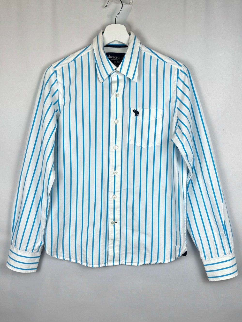 Abercrombie & Fitch Boys Long Sleeve Button Up Shirt White Turquoise Stripes L